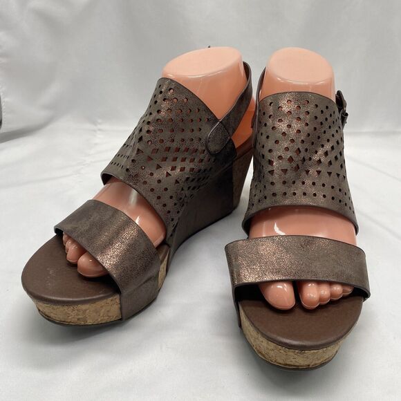 Volatile Size 9 Bronze Chunky Cork Wedge heel Platform Sandals cutout shoes - Picture 1 of 14